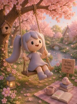 Cute 3D Clay Mascot Enjoying Peaceful Swing Under Cherry Blossom Tree in Spring Garden