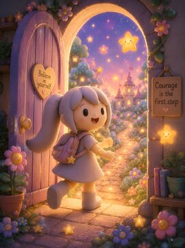 Cute 3D Clay Mascot Walking Through Magical Doorway Toward New Beginnings and Self Confidence