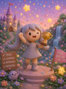 Cute 3D Clay Mascot Celebrating Personal Success Holding Winner Trophy in Fantasy Garden