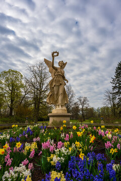 View of an angel sculpture with a laurel wreath at Wilan&oacute;w Palace in Warsaw, Poland.