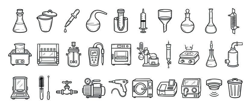 Set of laboratory equipment and scientific instruments line icons suitable for chemistry research and educational science applications