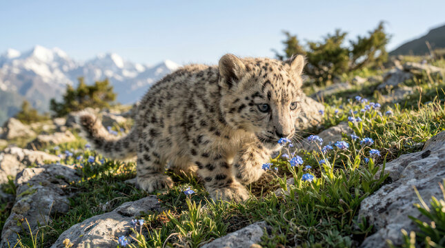 Snow Leopard Cub Resting on Rocky Mountain Slope.