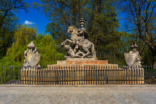 View of the monument to King John III Sobieski in Łazienki Park in Warsaw, Poland.