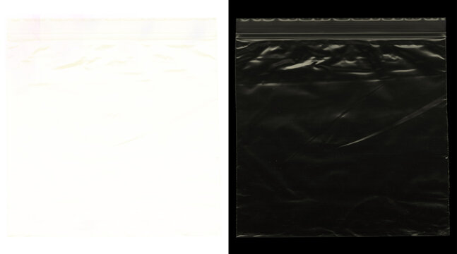 Transparent plastic texture on black background, wrinkled polyethylene bag surface, clear synthetic material overlay for graphic design and mockups