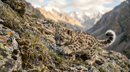 Obraz premium Snow Leopard Walking on Rocky Mountain Slope.