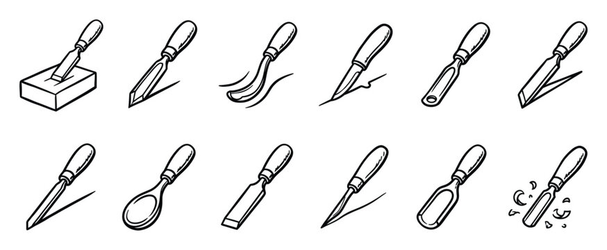 Set of traditional wood carving implements featuring various chisels and knives perfect for artisan and carpentry works