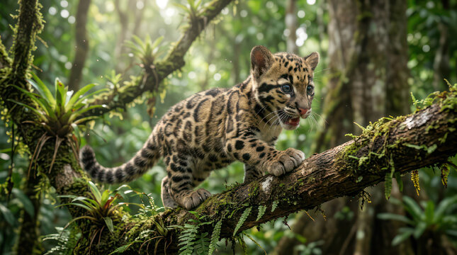 Young clouded leopard cub climbing on a mossy tree branch in a lush green forest.