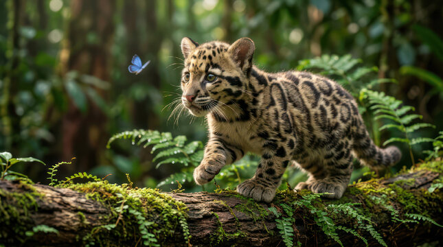 Young clouded leopard cub explores a lush forest environment.