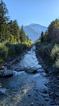 Scenic alpine river landscape with mountains and forest in Switzerland