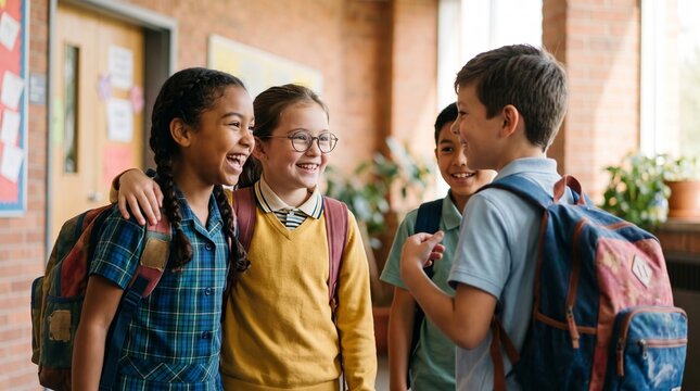 Happy diverse schoolchildren with backpacks chatting in a bright school hallway, celebrating friendship and education