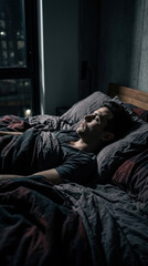 Fototapeta premium Solitary Man Reflects Lying Down In Dark Bedroom Environment
