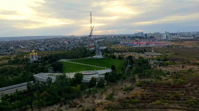 Volgograd, Russia. Evening view of the sculpture Motherland Calls! on the Mamaev Kurgan in Volgograd. Cloudy weather. Drone footage, Point of interest