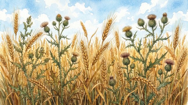 Wheat and weeds growing together in large field under bright sky. Biblical parables kingdom theme watercolor. Tares and wheat field illustration