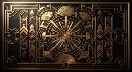 Obraz premium Luxurious 3D Art Deco wall panel with golden sunburst and geometric arches on a deep purple background