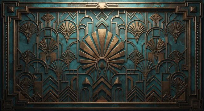 Luxurious 3D Art Deco panel with bronze fan and arch motifs on a textured teal background