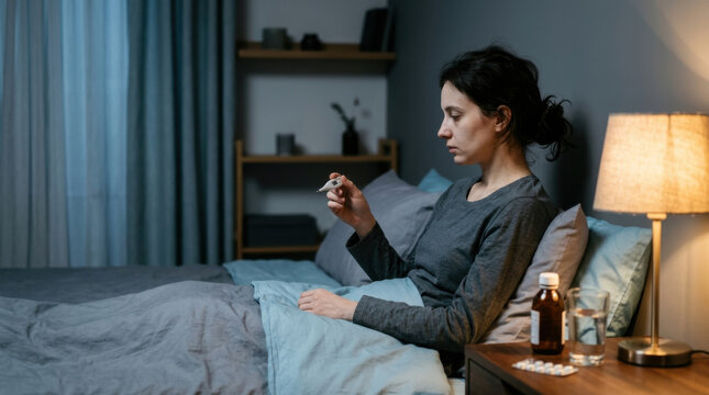 Woman Checks Thermometer In Dark Bedroom At Night