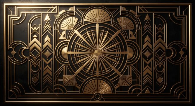 Luxurious 3D Art Deco wall panel with golden sunburst and geometric arches on a deep purple background