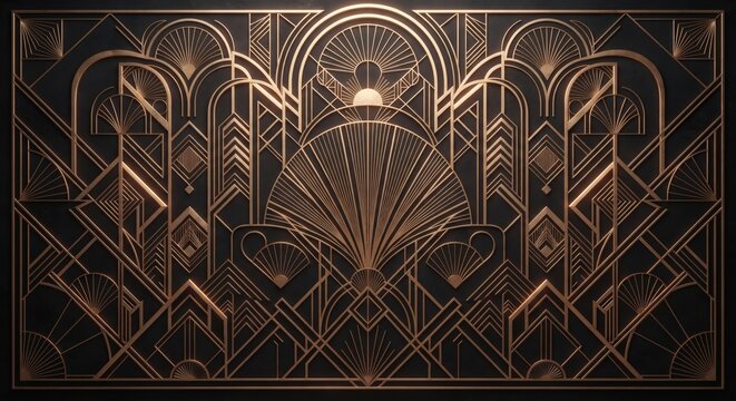 Luxurious 3D Art Deco background with copper geometric sunburst, arches and fan motifs on a black texture