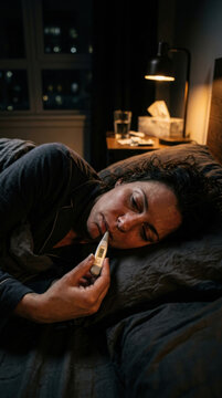 Woman Is Ill In Bed Taking Her Temperature At Night