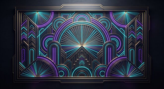 Futuristic neon Art Deco background with glowing cyan and purple geometric patterns, sunburst motifs and arches on black