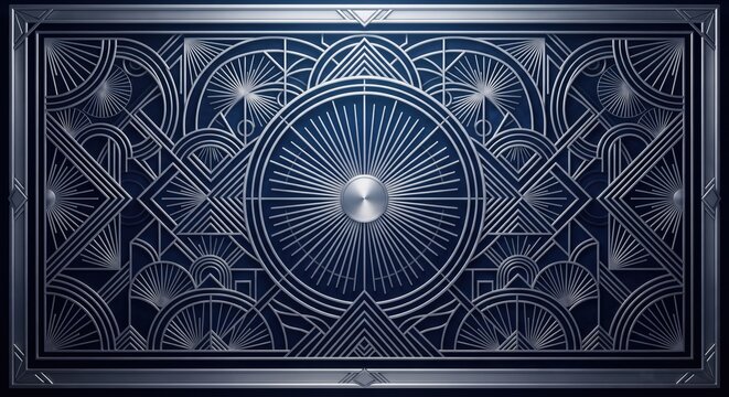 Luxurious 3D Art Deco panel with silver sunburst and geometric fan motifs on a deep navy blue background