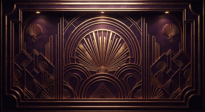 Luxurious 3D Art Deco background with golden sunburst and geometric arches on a deep purple wall