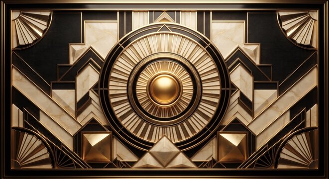 Luxurious 3D Art Deco geometric pattern featuring a central golden sunburst circle and intricate shapes on a black background