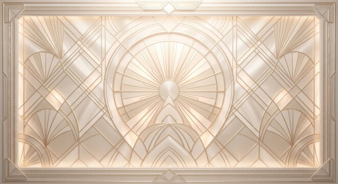 Luxurious 3D Art Deco wall panel in cream and ivory tones featuring geometric sunburst and fan motifs with backlighting