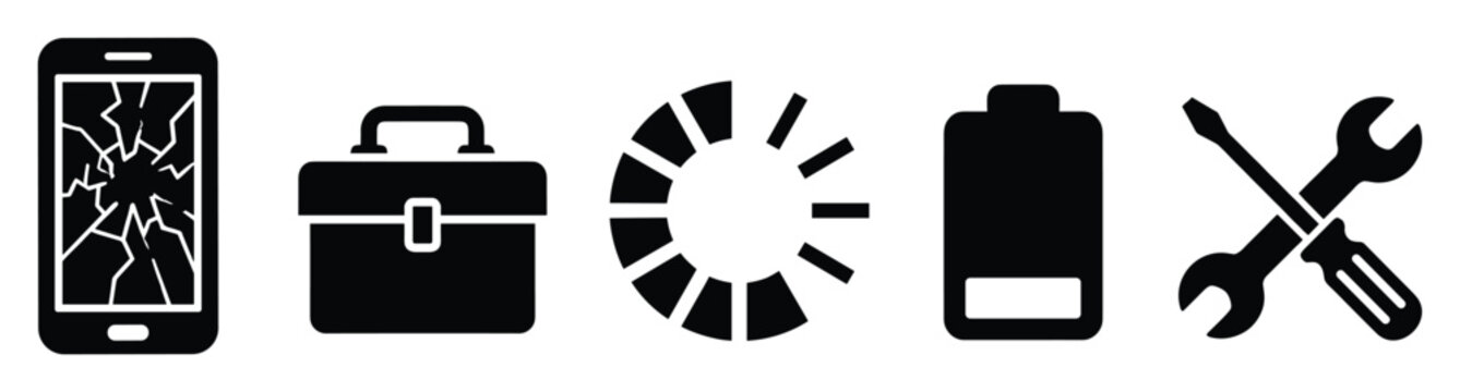 Set of mobile repair service icons including broken screen, toolbox, loading, low battery, and wrench screwdriver for technology maintenance and support concepts
