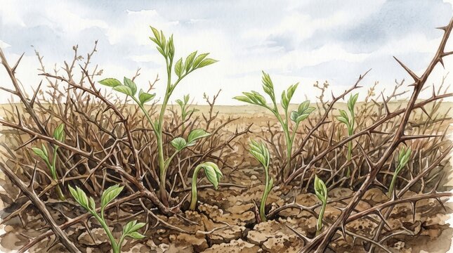 Young green sprouts growing among sharp thorn bushes in field. Biblical parable of the sower and seeds. Watercolor illustration of plant growth