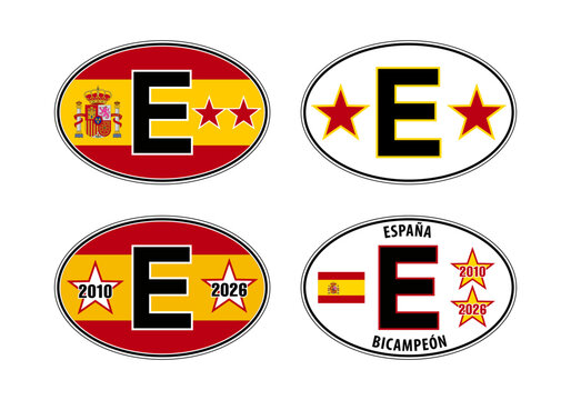 Spain champion, fantasy oval international vehicle registration code license plate car sticker with two stars, vector illustration