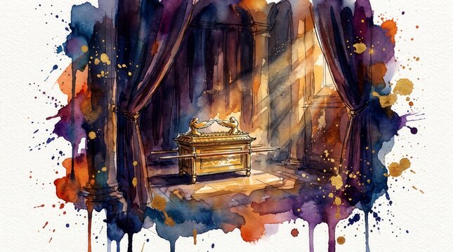 Golden Ark of the Covenant in the Holy of Holies with light rays. Ancient Hebrew tabernacle sanctuary. Watercolor illustration of biblical sacred relic
