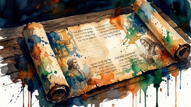 Ancient scroll unrolled on a wooden table with Hebrew letters. Watercolor illustration of biblical prophets on parchment. Old Testament scripture and wisdom theme