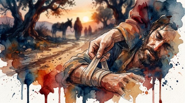 Close up of hands bandaging the wound of an injured man. Good Samaritan biblical parable on a dirt road at sunset. Watercolor illustration of mercy and care
