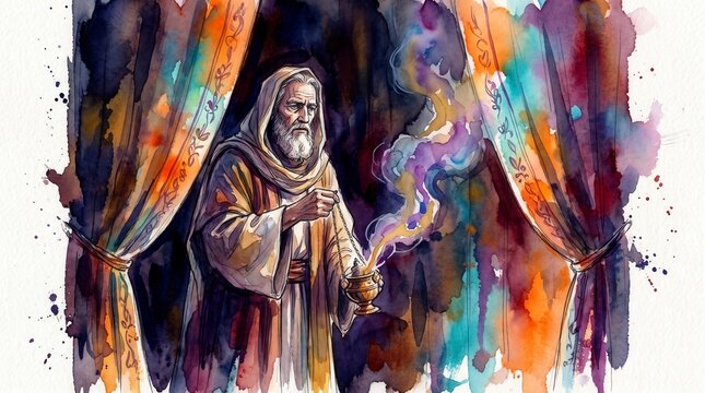 Hebrew leader burning incense in the ancient tabernacle tent. Biblical priest with golden censer and rising smoke. Watercolor illustration of Old Testament ritual