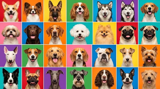 Set of colorful dog portraits with many different breeds in a grid pattern illustration