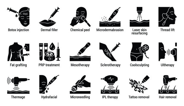 Set of cosmetic procedures icons representing various modern aesthetic treatments for skin body and hair care in dermatology and medical spas