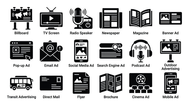 Set of diverse marketing communication and media channel icons representing various traditional and digital advertising methods for promotional campaigns