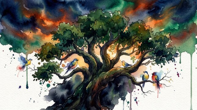 Giant mustard tree with birds resting in its branches. Watercolor illustration of biblical parables. Kingdom of God concept. Nature landscape with vibrant sky