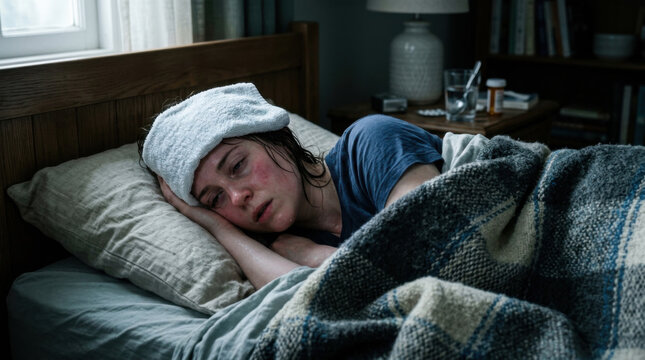 Woman Ill In Bed With Fever And Compress