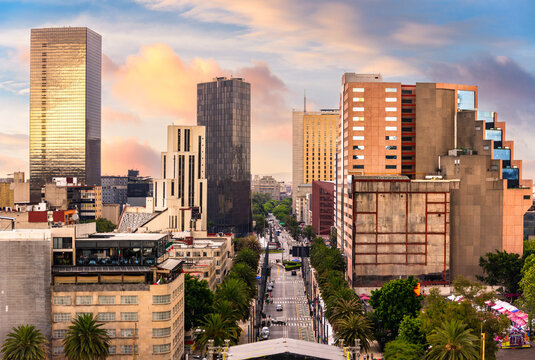 Aerial view of Mexico City skyline at sunset along Avenida de la Republica. Mexico City is the capital and largest city of Mexico, as well as the most populous city in North America.