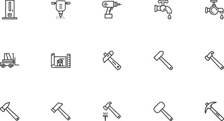 Obraz premium Construction and DIY tool outline icon set featuring electric drills jackhammers claw hammers rubber mallets dripping water faucets and architectural blueprints vector
