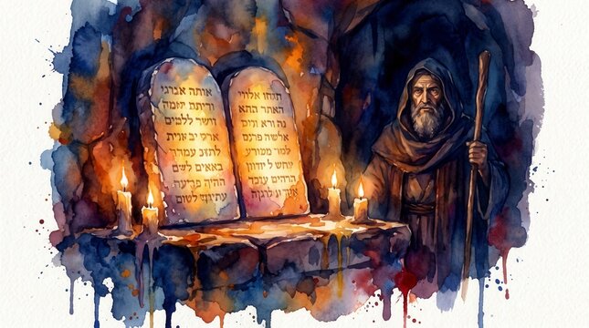 Moses with Ten Commandments in cave. Stone tablets glowing by candlelight. Old Testament biblical scene