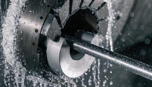 Closeup of centerless grinding machine shaping a straight carbide rod showcasing precision cutting and smooth surface preparation for tool blank manufacturing.