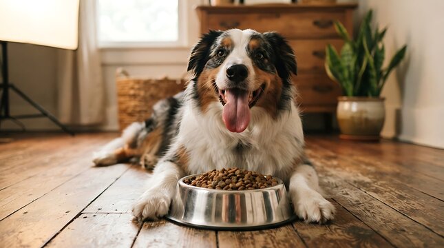 Happy dog lying on wooden floor with bowl of dog food