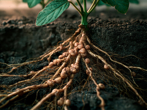 Soybean Root Nematode Infestation Damaging Soybean Roots in Agricultural Field
