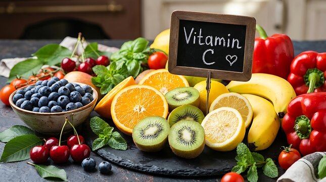 Vitamin C rich fruits and vegetables on a table