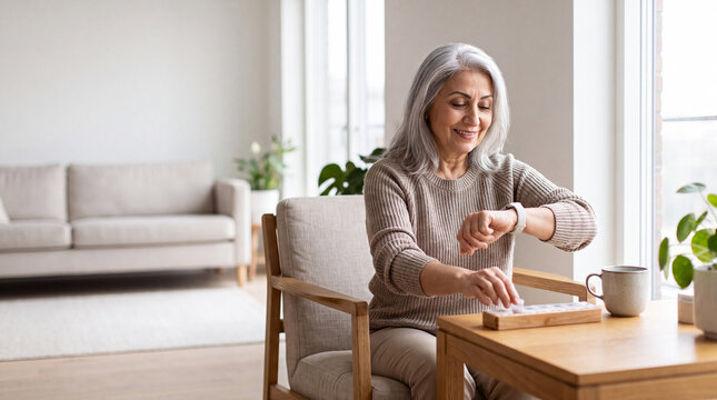 Senior woman sitting at a wooden table with a daily pillbox and checking a smartwatch for a health and medication reminder