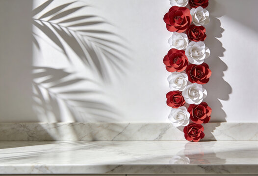 Paper roses, marble counter surface, floral wall decoration, product display backdrop, valentine romantic craft, tropical shadow leaf, aesthetic bloom arrangement, elegant podium space.