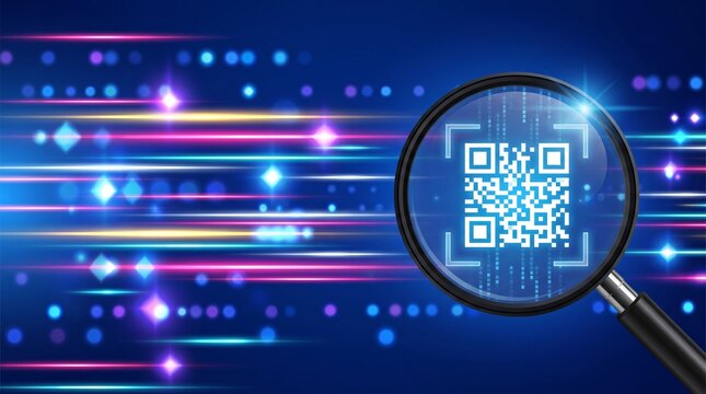 Magnifying glass hovering over a modern digital qr code with fast moving neon lights